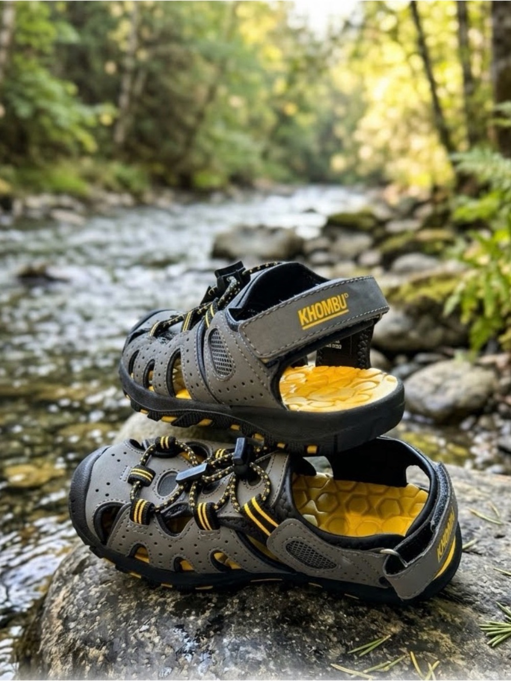 Khombu Boy’s Gray and Yellow Outdoor Hiking Sandals with Cushioned Footbed, 12